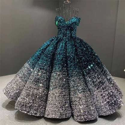 Quinceanera Dresses  Sequin Prom Dress Ball Gown Boat Neck Off The Shoulder Puffy Dresses For Prom Vestidos Para Customized