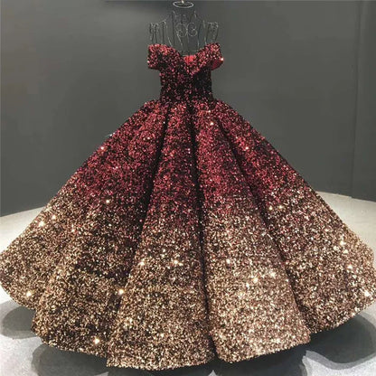 Quinceanera Dresses  Sequin Prom Dress Ball Gown Boat Neck Off The Shoulder Puffy Dresses For Prom Vestidos Para Customized