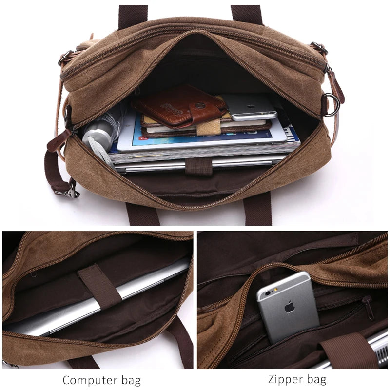 Canvas Briefcase Shoulder Bag Tote Handbag Big Casual Business Laptop Pocket