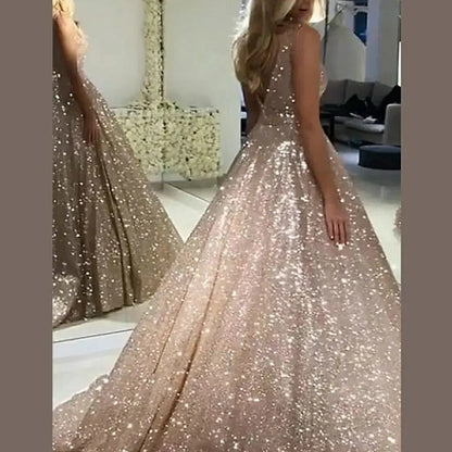 Customized Sexy Spaghetti Straps Evening Dresses Glitter Gold Tulle Sweep Train Prom Dress Plus Size Custom Vestidos De Fiesta