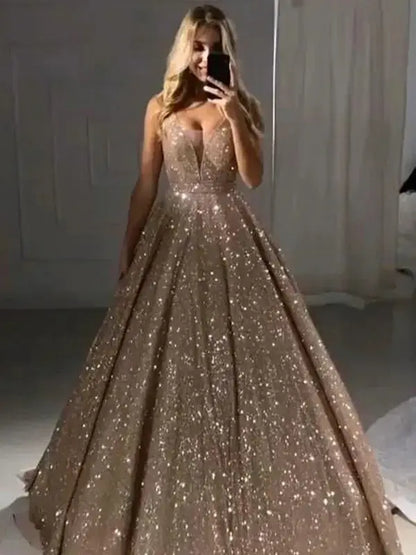 Customized Sexy Spaghetti Straps Evening Dresses Glitter Gold Tulle Sweep Train Prom Dress Plus Size Custom Vestidos De Fiesta