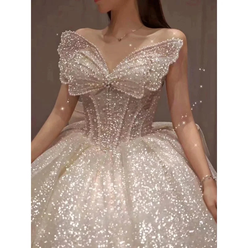 Wedding Dress Dinner Gala Party Bridal Robe Gown Off Shoulder Butterfly Fairy Princess Sequin formal occasion Bride Dresses