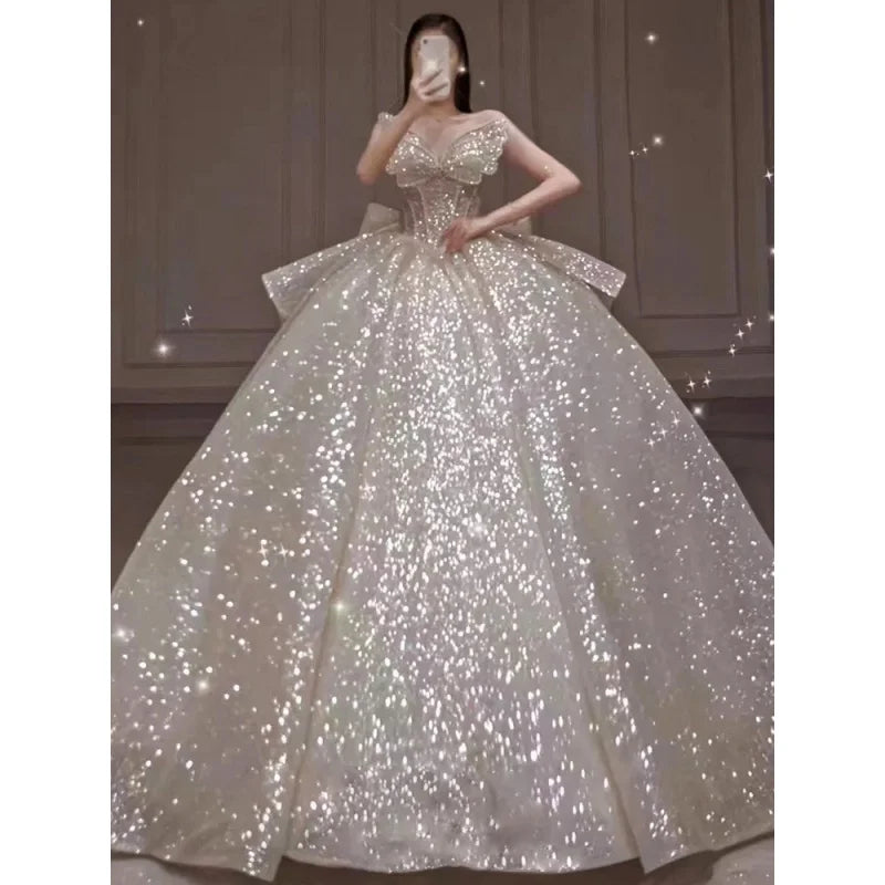 Wedding Dress Dinner Gala Party Bridal Robe Gown Off Shoulder Butterfly Fairy Princess Sequin formal occasion Bride Dresses