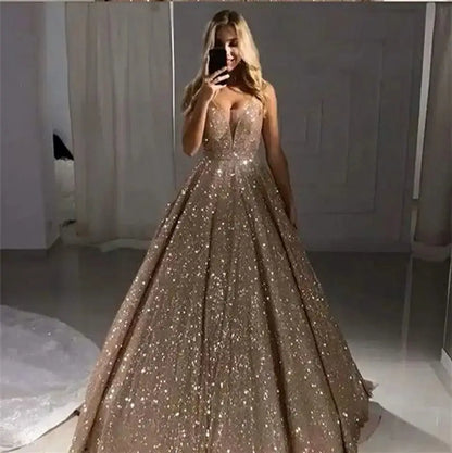 Customized Sexy Spaghetti Straps Evening Dresses Glitter Gold Tulle Sweep Train Prom Dress Plus Size Custom Vestidos De Fiesta