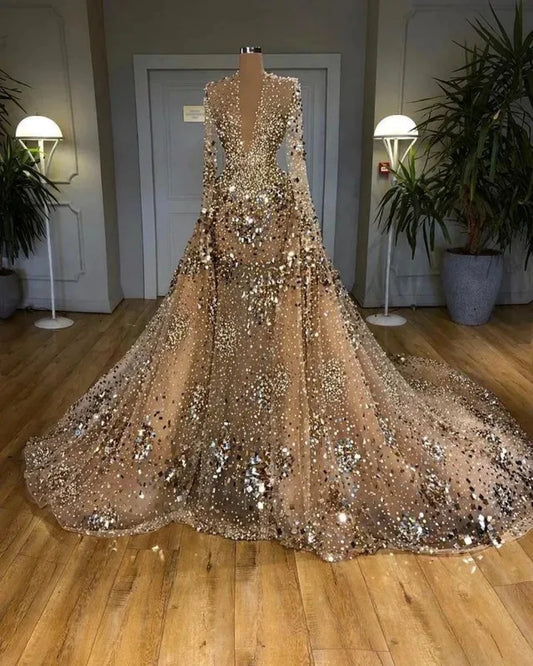 Luxury Long Evening Dresses Deep V Neck Tulle Major Beading Full Sleeves A Line Court Train Custom Made Party Gowns 👗✨💖