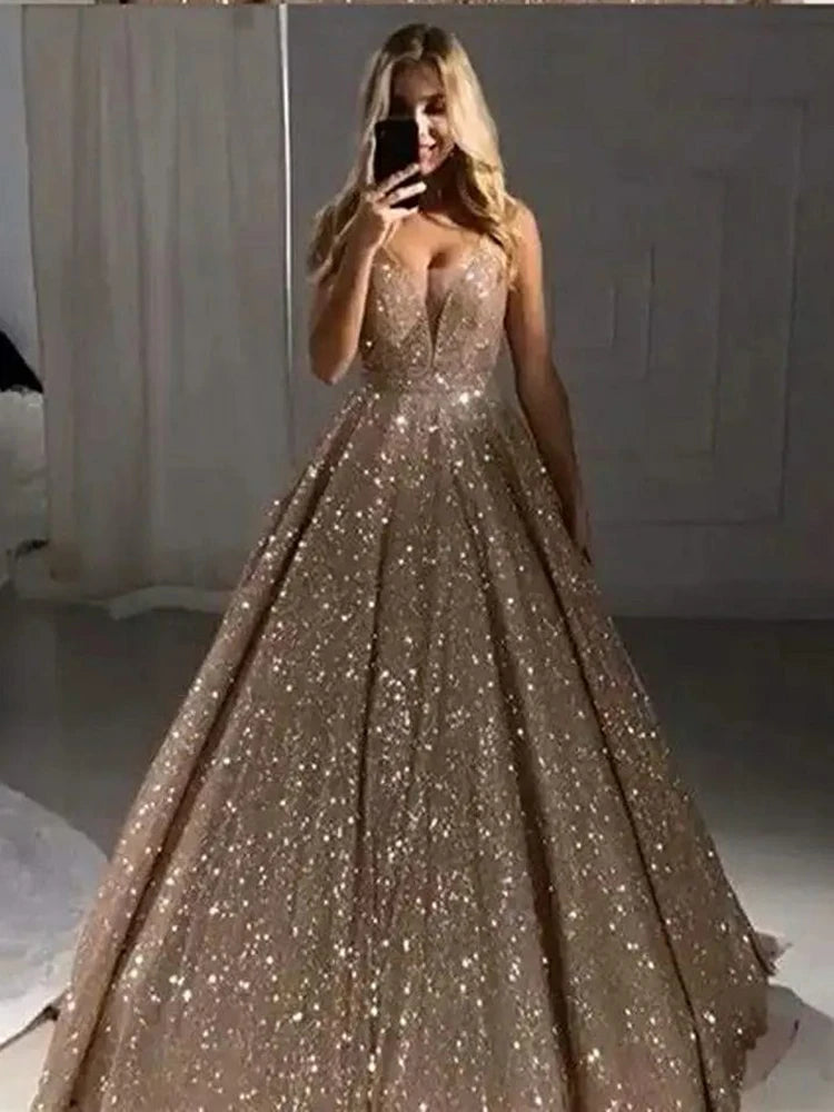 Customized Sexy Spaghetti Straps Evening Dresses Glitter Gold Tulle Sweep Train Prom Dress Plus Size Custom Vestidos De Fiesta