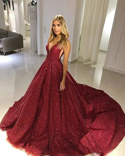 Customized Sexy Spaghetti Straps Evening Dresses Glitter Gold Tulle Sweep Train Prom Dress Plus Size Custom Vestidos De Fiesta