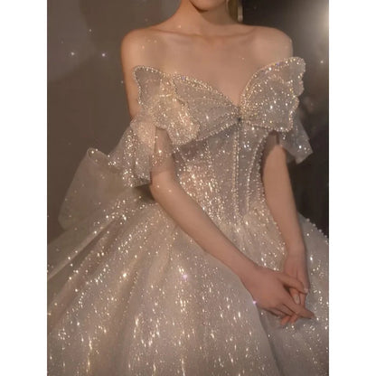 Wedding Dress Dinner Gala Party Bridal Robe Gown Off Shoulder Butterfly Fairy Princess Sequin formal occasion Bride Dresses