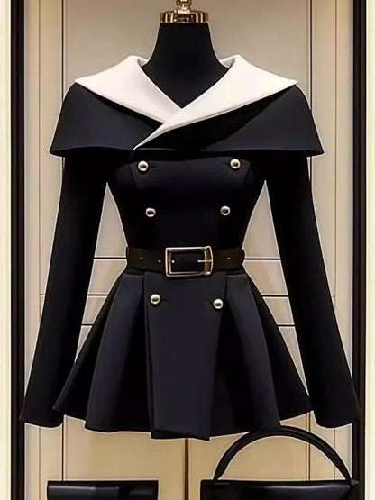 Vintage Fashion Black Coat Waisted Slim-Fit Top Spring New High Quality Elegant Commuting Double-Breasted Jacket Women